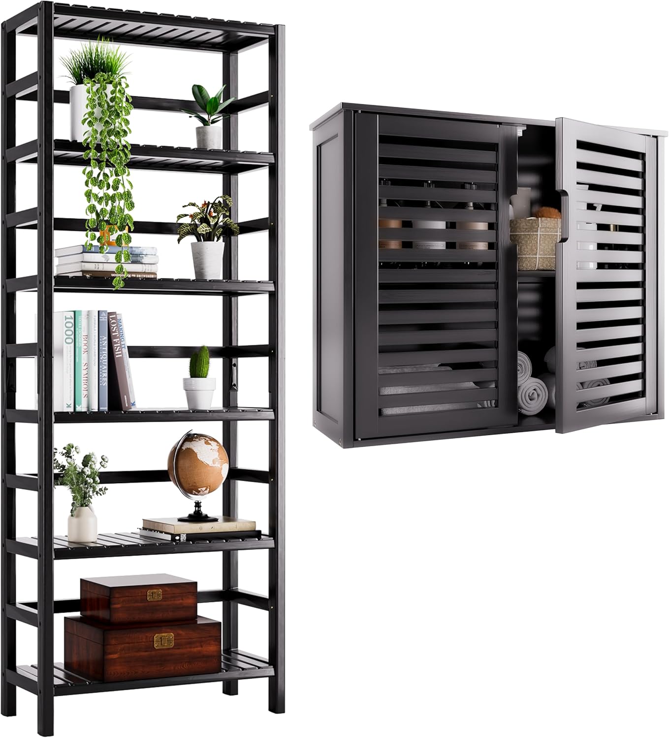 HITNET Wall Cabinet Bathroom Storage Cabinet Over The Toilet with Double Doors and 6-Tier Tall Bookshelf Bamboo Open Bookcase, Adjustable Shelves, Black
