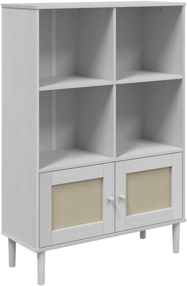 vidaXL SENJA Modern Freestanding Bookcase - Solid Pinewood with UV Varnish Finish, Poly Rattan Surface - White | 35.4