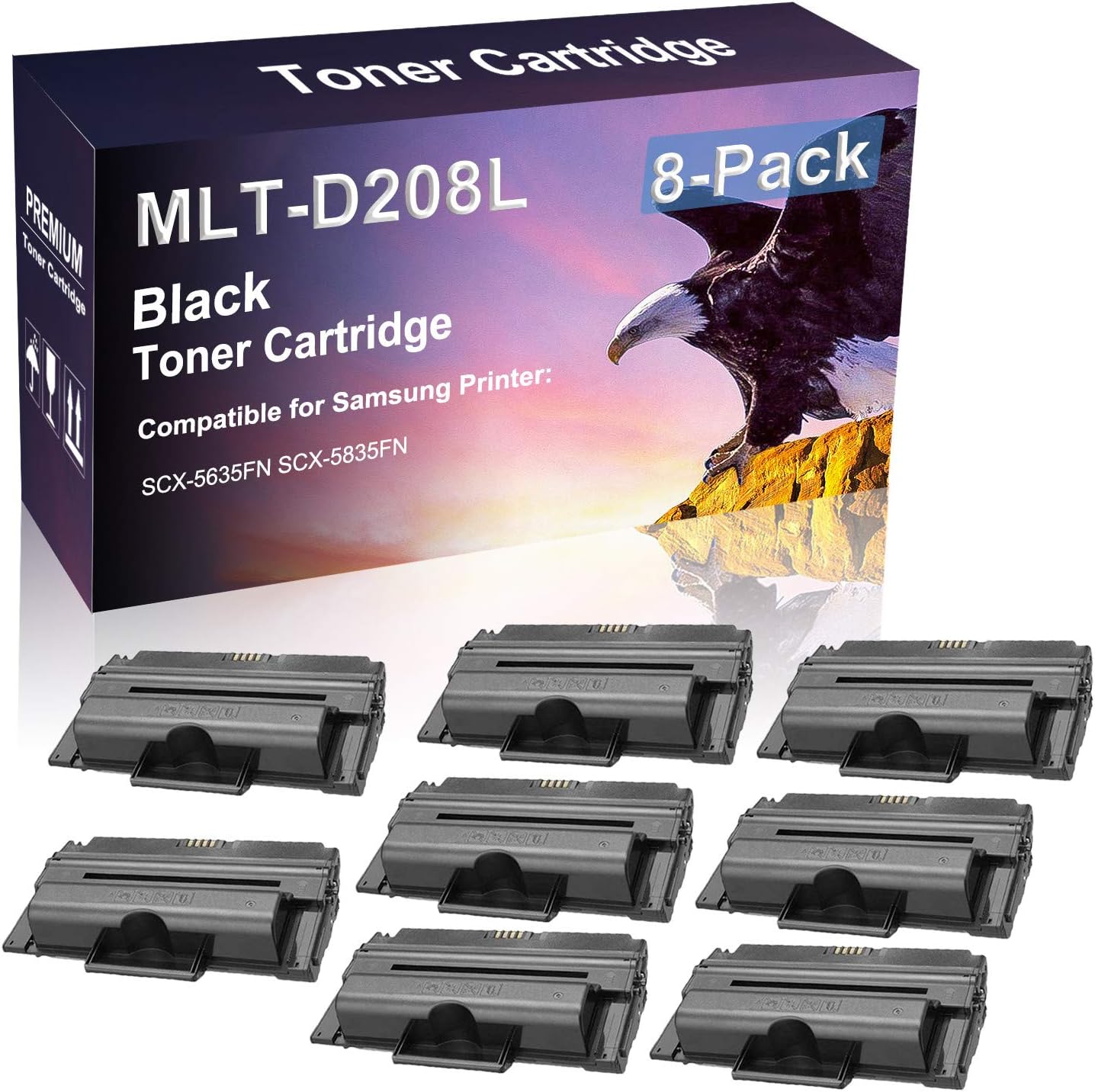8 Pack (Black) Compatible Laser Printer Cartridge (High Yield) Replacement for Samsung D208L MLT-D208L Imaging Cartridge use for Samsung SCX-5635FN SCX-5835FN Printer