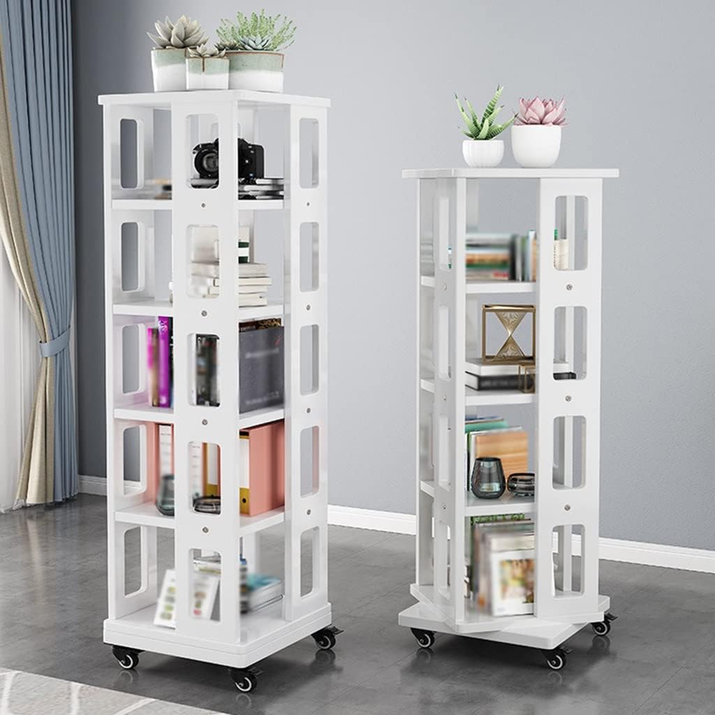 5-Shelf Wood Bookcase, Rotatable 360 Degree Casters, Freestanding Display Bookshelf, Solid Wood Floor Standing Living Room Shelves, for Home Office (Color : White, Size : 5 Layers)