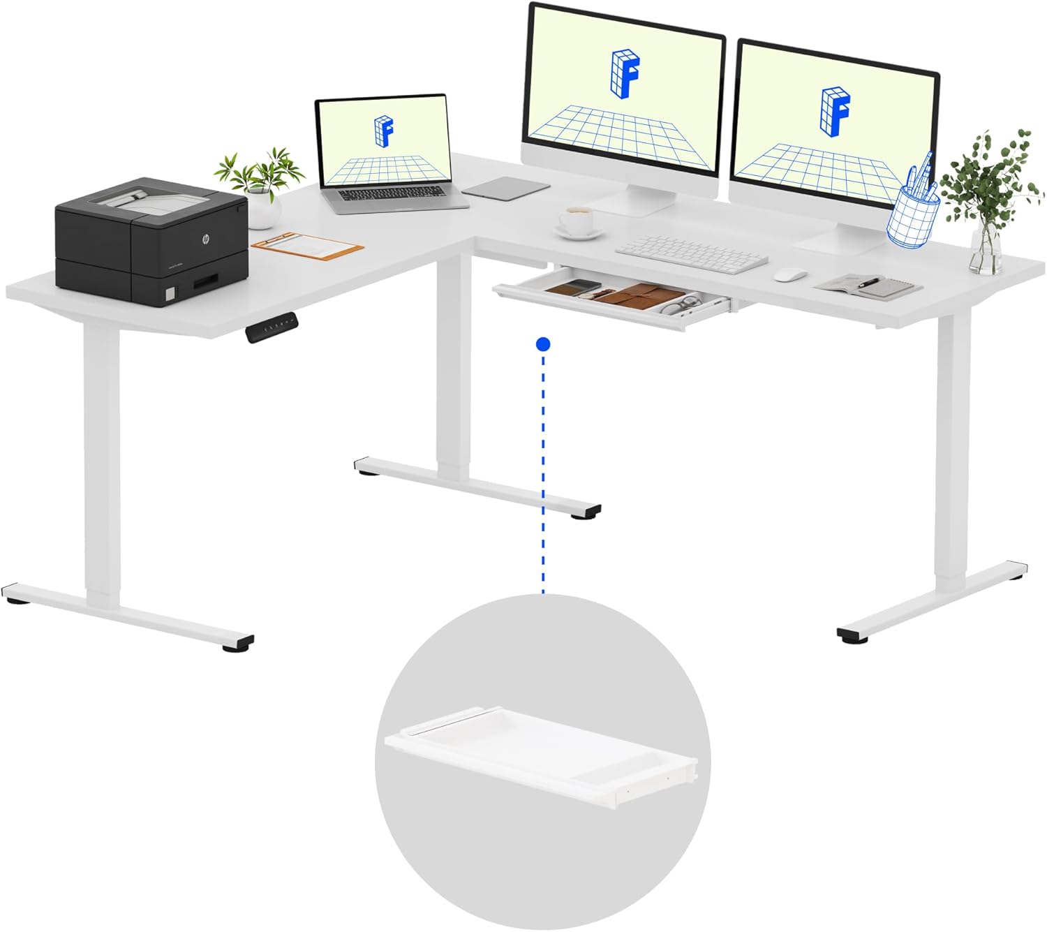 FLEXISPOT L Shaped Standing Desk, 71 x 63 Inch Electric Height Adjustable Corner Desk, Sit Stand Computer Workstation, Preset Controller, Home Office, White Frame with White Top, White Drawer