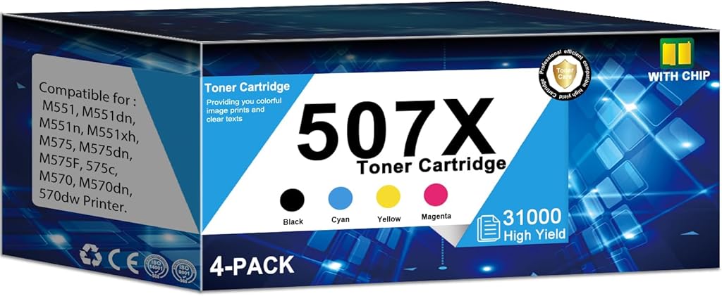 【507X Toner Cartridge】 high Yield Replacement for HP 507X CE400X for M551 M551dn M551n M551xh M575 M575dn M575F 575c M570 M570dn 570dw Printer (4-Pack, Black, Cyan, Yellow, Magenta)