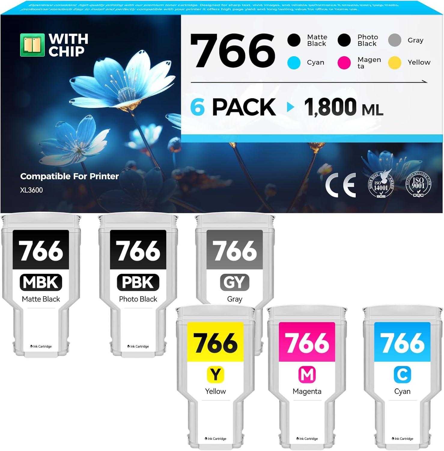 766 Ink Cartridges set 6-Pack 300-ml High Yield Replacement for HP 766 Ink 3ED57A P2V89A P2V90A P2V91A P2V93A 3ED55A Compatible with HP DesignJet XL3600 Printer (Matte Black Gray Cyan Magenta Yellow)