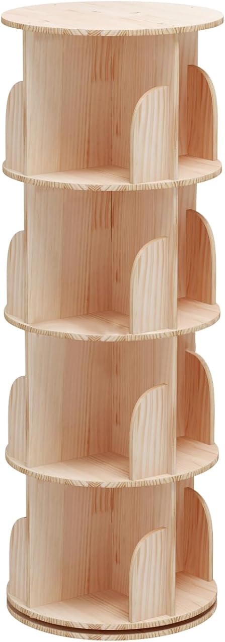 Bear Qiaqia Rotating Bookshelf 360 Degrees, 4 Tier Stackable Solid Wood Bookshelf Organizer, Storage Display Rack Floor Standing Bookcase for Kids&Adults (51