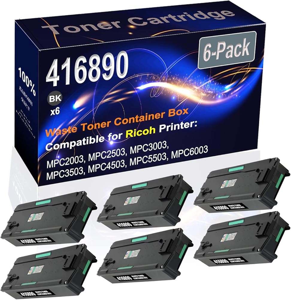 6-Pack (Black) Compatible High Yield 416890 Waste Toner Container Box use for Ricoh MPC2003 MPC2503 MPC3003 MPC3503 MPC4503 Printer