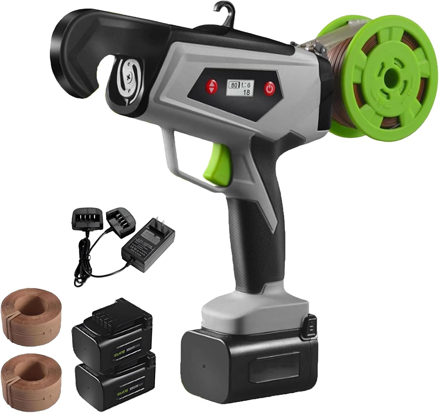 Plant Binding Machine with Digital Display Screen, Vine Tying Machine, Adjustable Number of Strapping Turns, with 2 X 2 Ah Lithium Batteries, for Trees, Flowers, Vegetables, and Vineyards