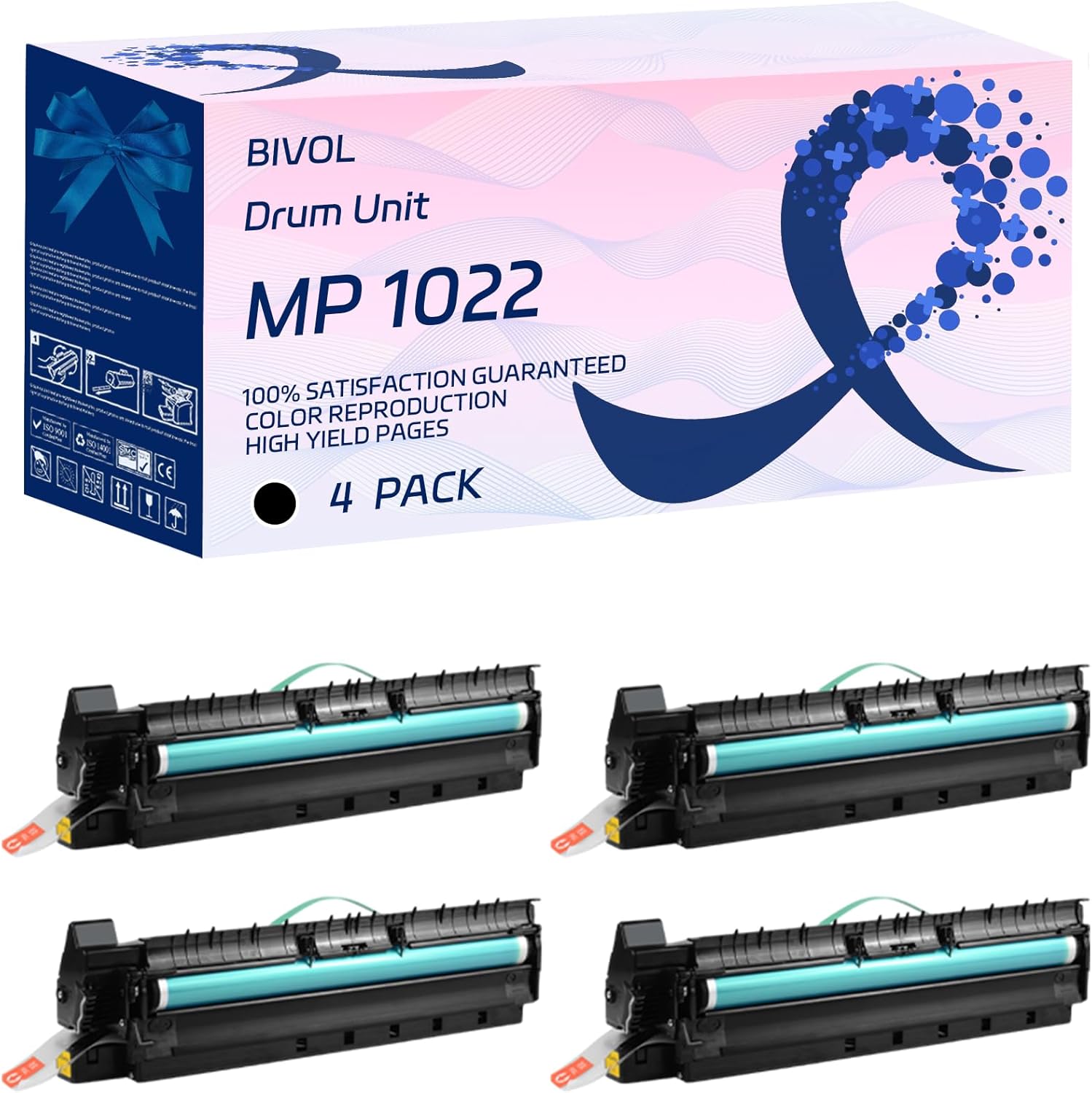 BIVOL MP 1022 Drum Unit Compatible for Ricoh Aficio MP 1022 1027 1032 2022 2022sp 2027 2032 2550 3010 3030 3350 Printers, with Chip, High Yield 80000 Pages, Vivid Colors (4 Pack Black)