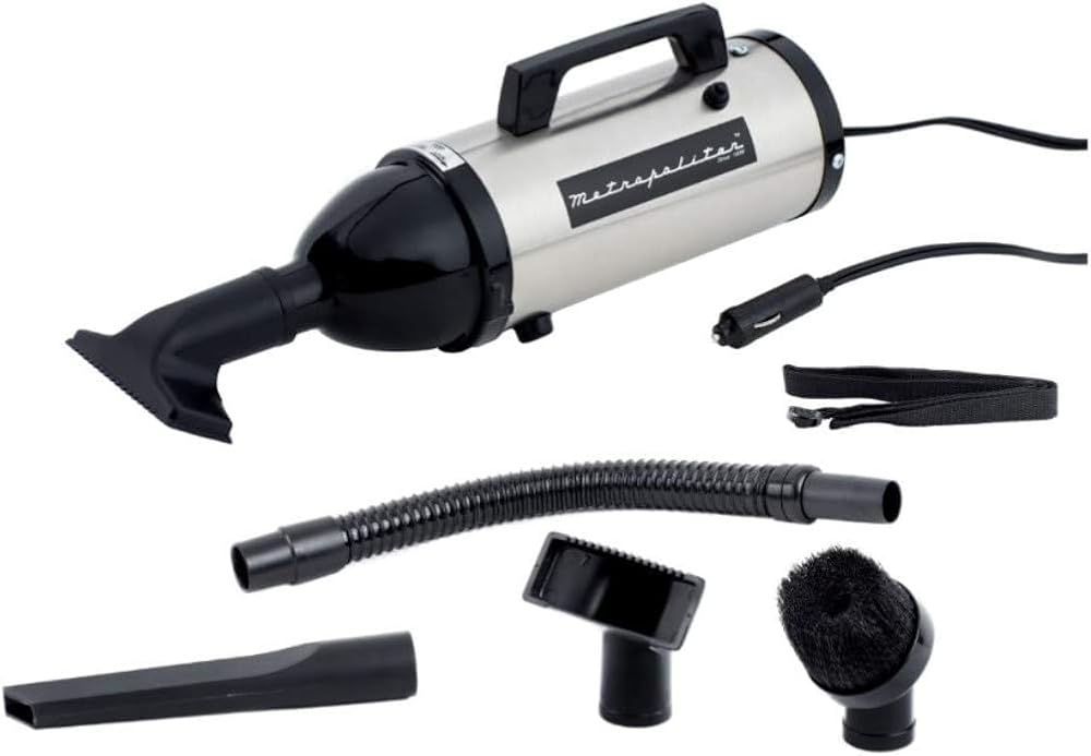 METROVAC Metropolitan 12V Evolution Hand Vacuum - High-Performance Suction, Durable Steel, Versatile Attachments, Compact & Portable - Satin Finish w/Black Ends (106-578031 Model AM6SB)