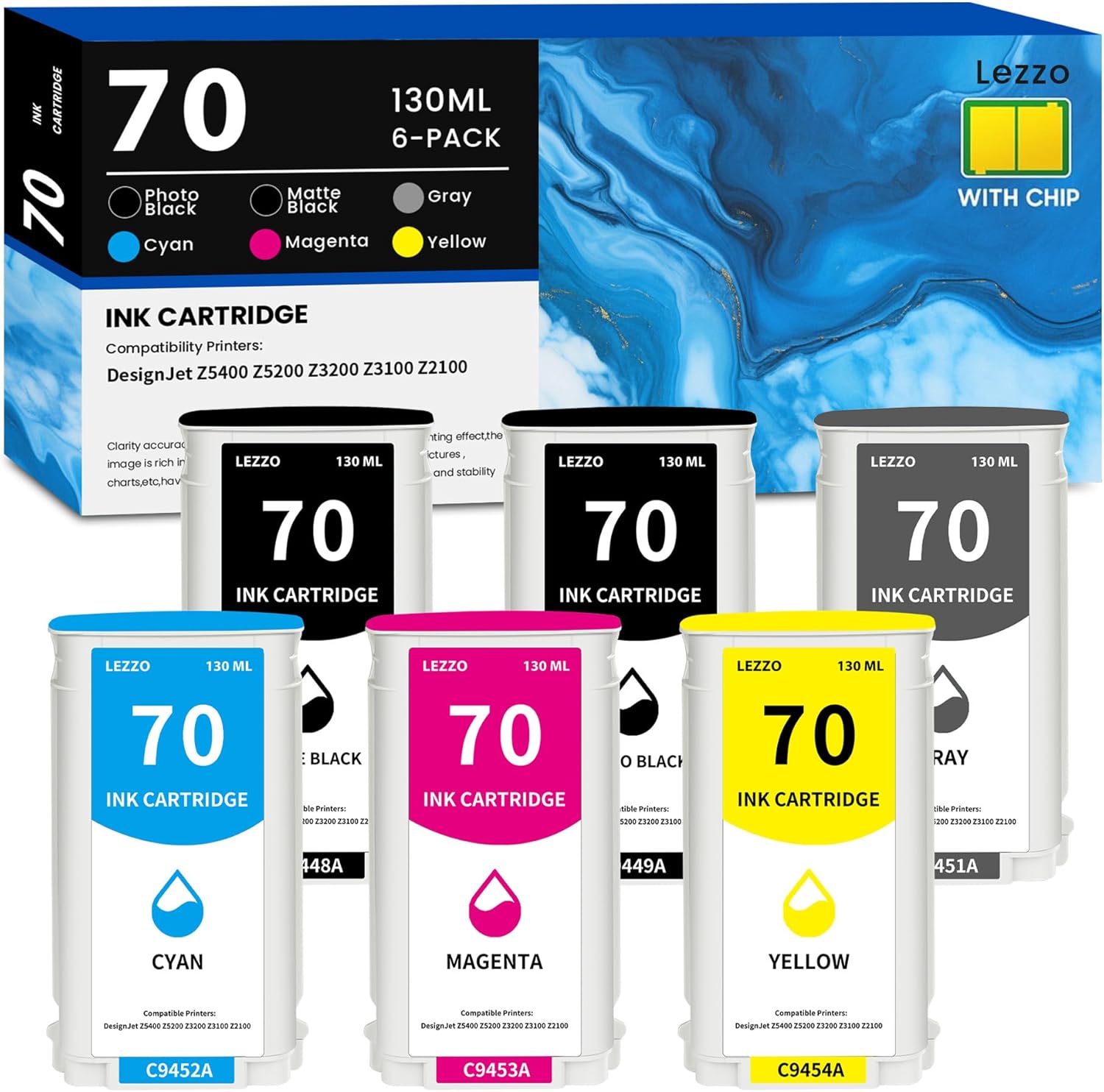 Lezzo 70 Ink Cartridge 130ML 6-Pack with Chip C9448A C9449A C9450A C9452A C9453A C9454A Ink Replacement for HP 70 Ink for DesignJet Z5400 Z5200 Z3200 Z3100 Z2100 Printer (MK/PK/C/M/Y/G)