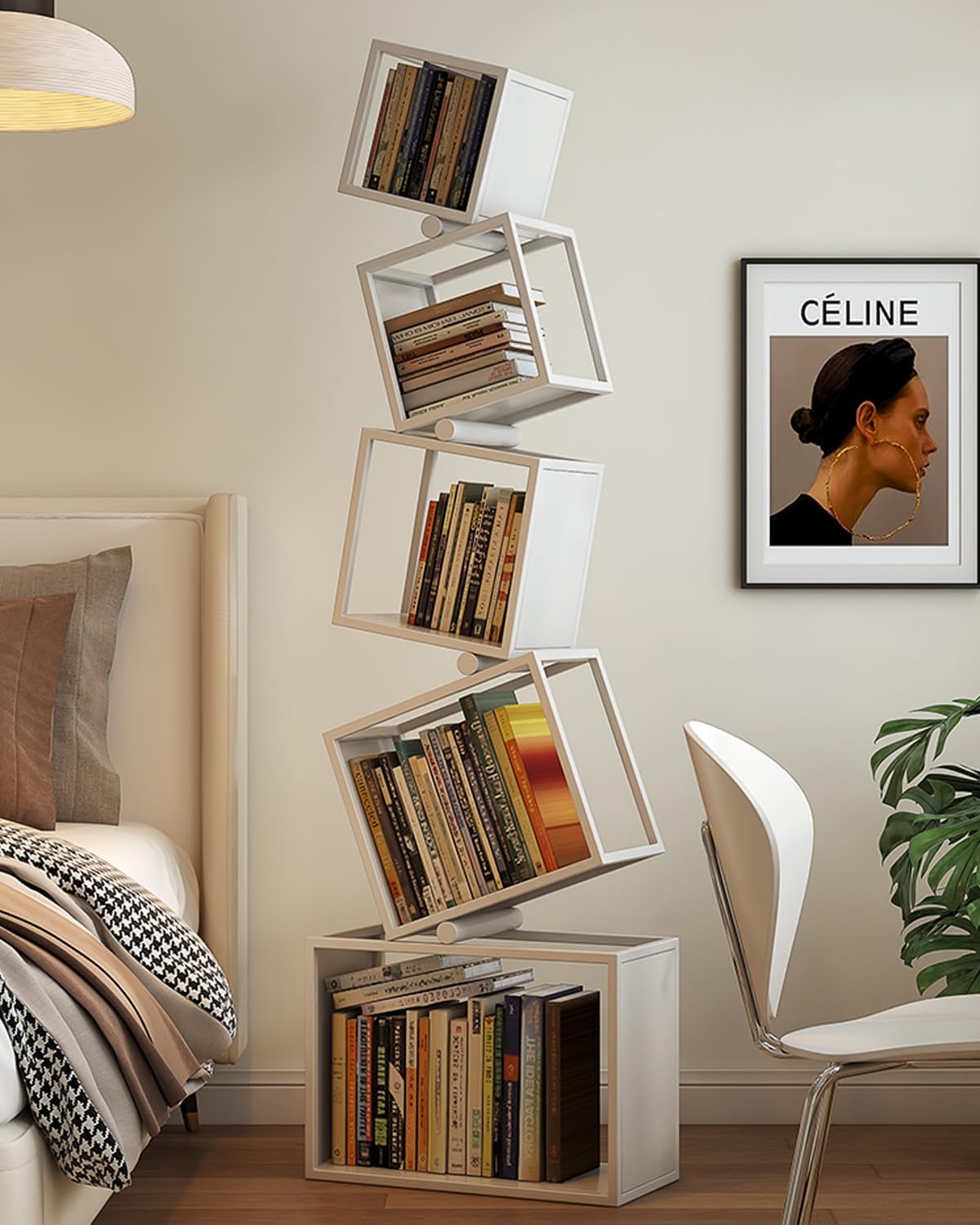 5-Tier Spine Bookshelf, minimalist bookshelf , modern bookshelf,Metal Bookcase,Narrow Bookshelf for Small Spaces Multipurpose Storage Rack Display Book Shelf for Home Office Kitchen white 55x25x185cm