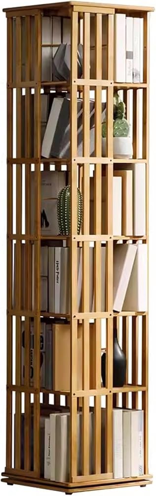 360 Rotating Bookshelf Bamboo Rotating Storage Rack, Compact Office Book Organizer Corner Display Rack for Library Standing Shelves with Open Shelving, 6-Tier Floor Standing Bookcase ( Color : Light W