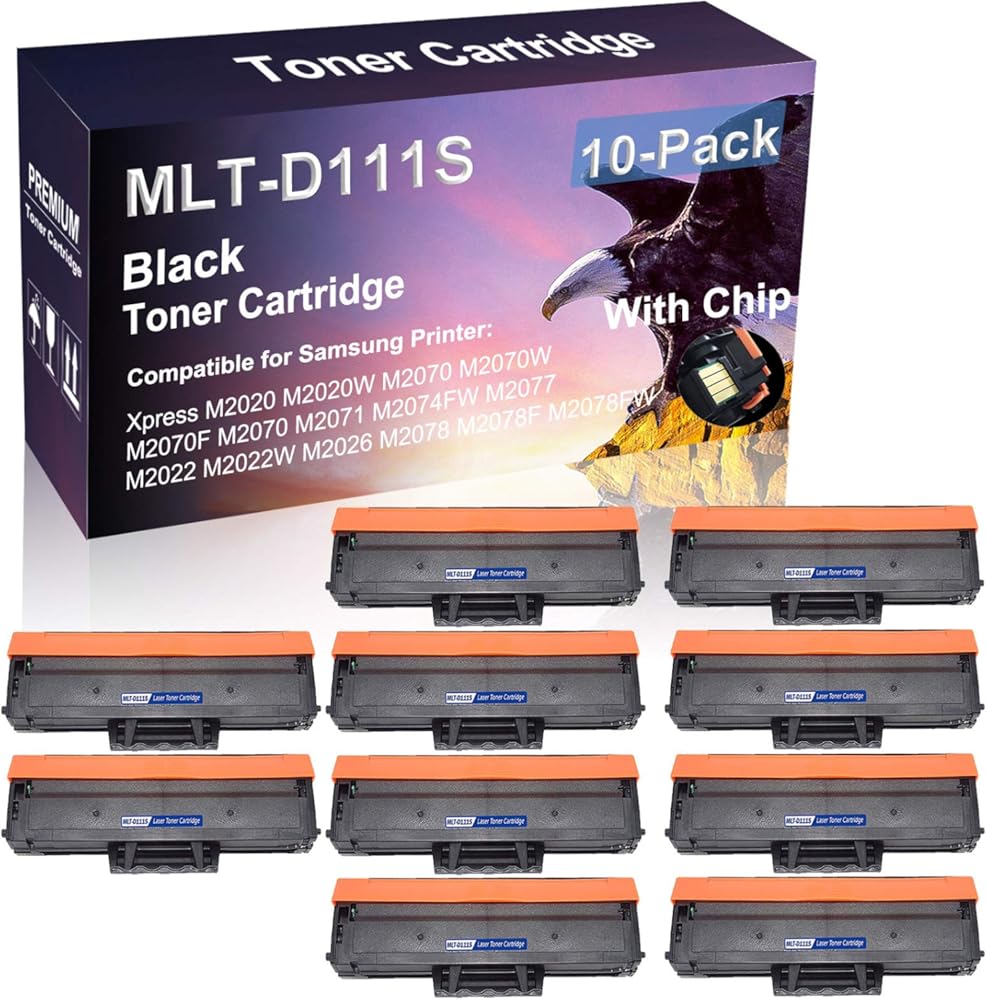 10 Pack (Black) with Chip Compatible MLT-D111S D111S Laser Toner Cartridge use for Samsung Xpress M2020 M2020W M2070 M2070W Printer (High Yield)