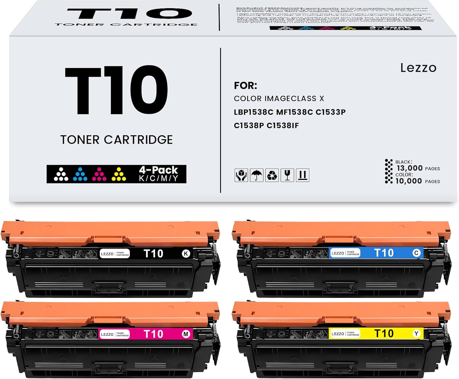 Lezzo T10 T10L Toner Cartridge 4-Pack T10 High Yield Toner Replacement for Canon T10 Toner for Color imageCLASS X LBP1538C MF1538C C1533P C1538P C1538iF Printer (Black Cyan Magenta Yellow)