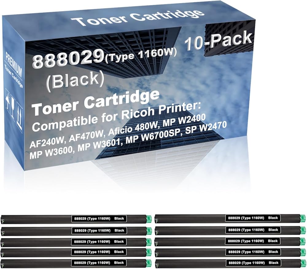 10-Pack Compatible High Capacity 888029 (Type 1160W) Printer Cartridge use for Ricoh AF240W, AF470W, Aficio 480W, MP W2400, MP W3600, MP W3601, MP W6700SP, SP W2470 Printer (Black)