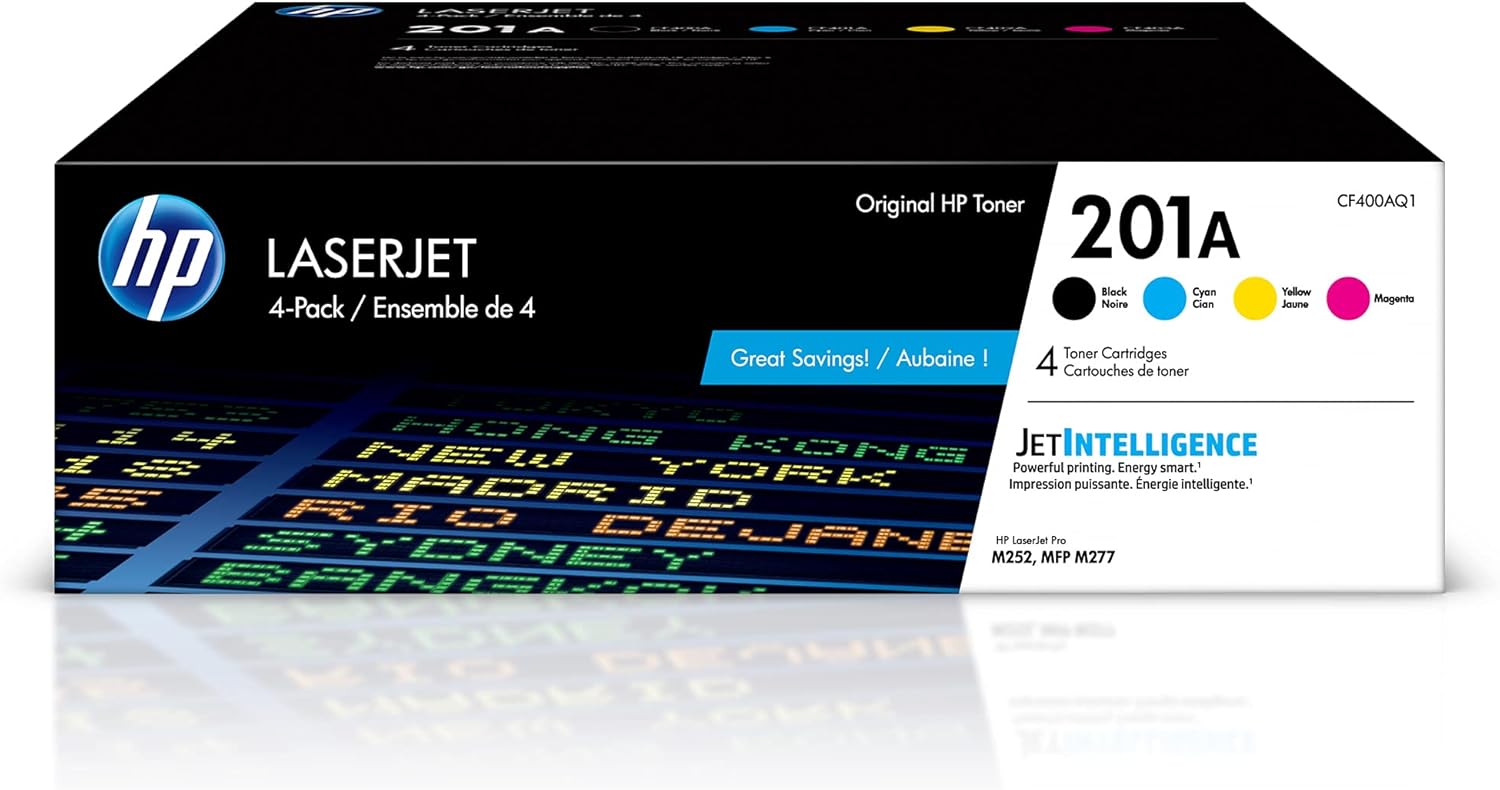 HP 201A Black, Cyan, Magenta, Yellow Toner Cartridges for HP Printers (4-Pack) | Works with Color LaserJet Pro M252; Color LaserJet Pro MFP M277 Series | CF400AQ1