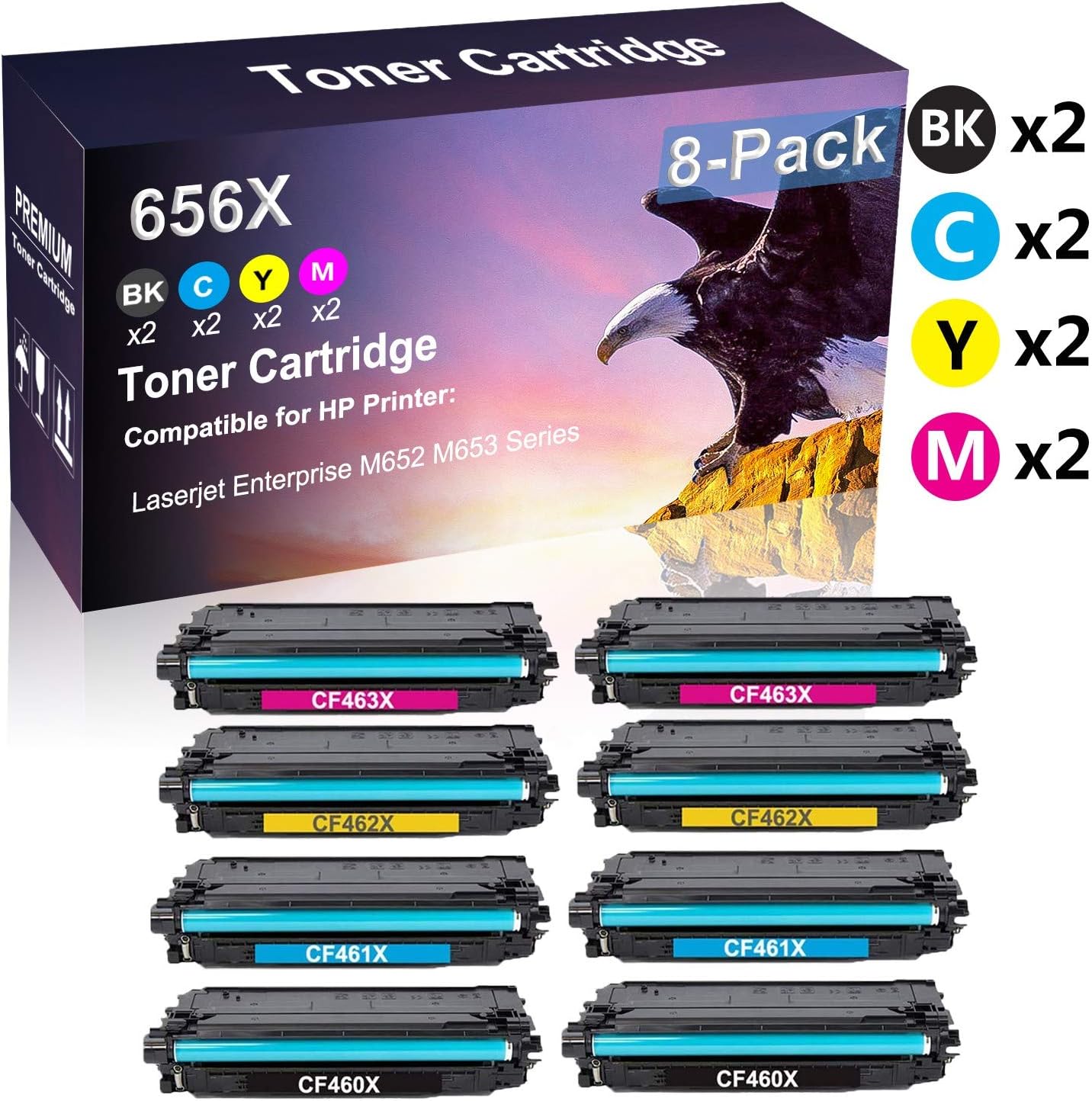 8 Pack (2 Black+2 Cyan+2 Yellow+2 Magenta) Compatible Laserjet Enterprise M652 M653 Imaging Toner Cartridge Replacement for HP 656X CF460X CF461X CF462X CF463X Toner Cartridge(High Capacity)