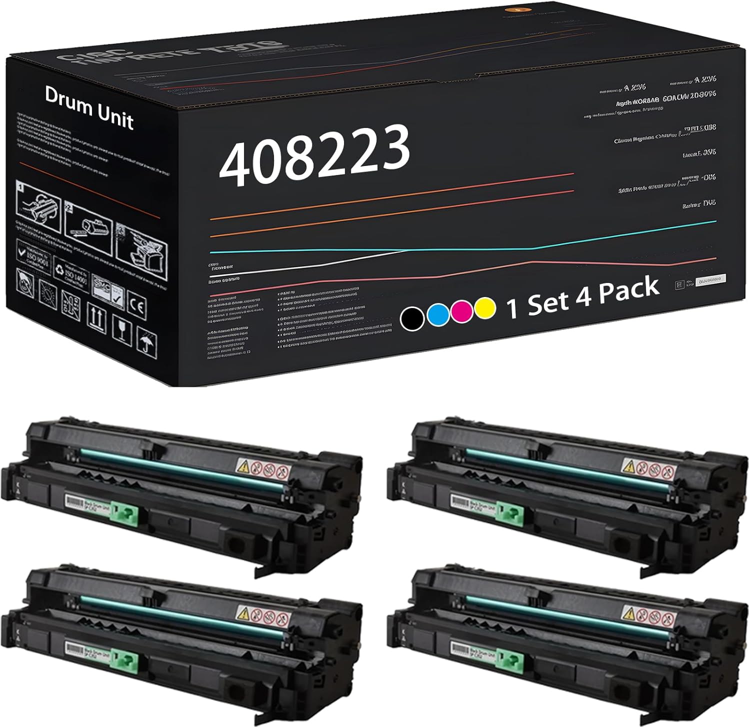 Compatible with Ricoh 408223 408224 407404 407405 Drum Unit Work for Ricoh SP C352DN SP C360DNW SP C360SFNw Printers, with Chip, High Yield 15000 Pages, High-Definition Printing (4-Pack BK/C/M/Y)