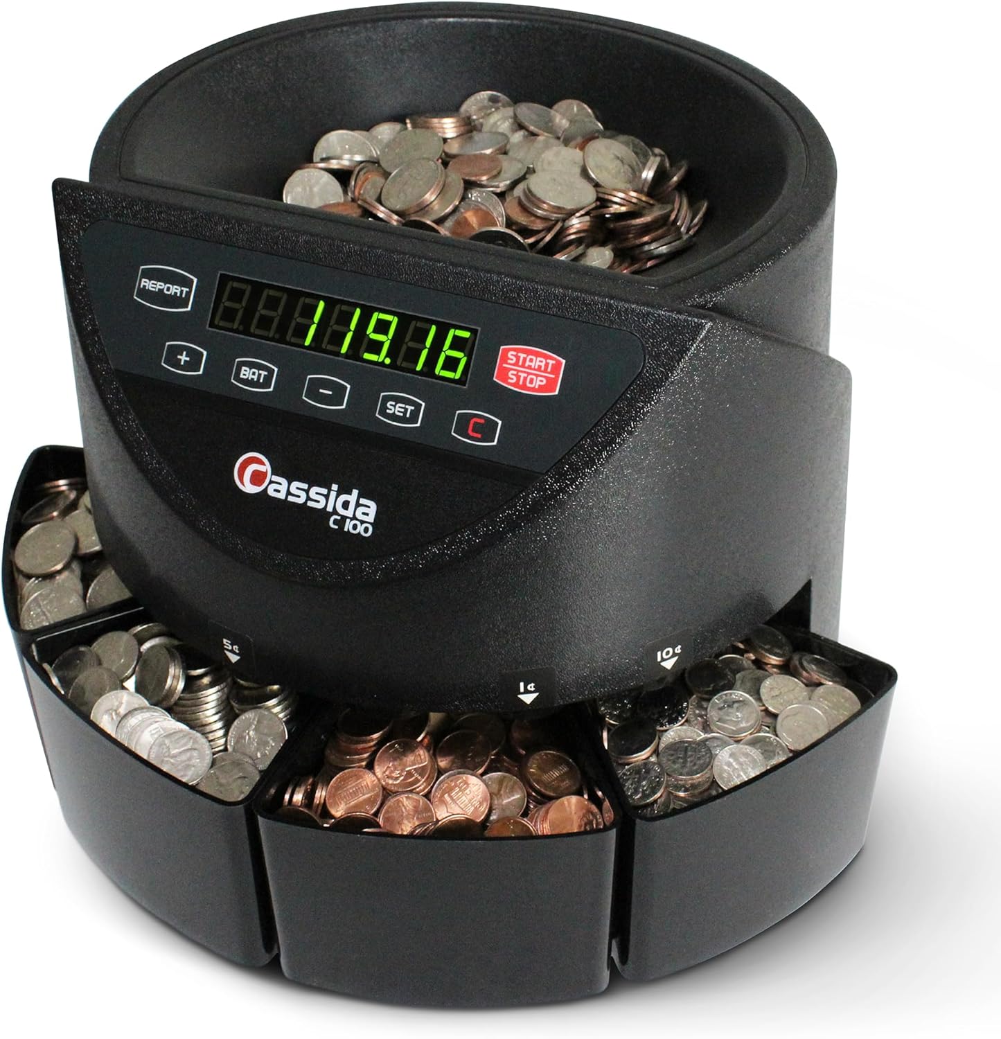 Cassida C100 Electronic Coin Sorter/Counter, Countable coins 1¢, 5¢, 10¢, 25¢, 250 coins/min, 110 VAC