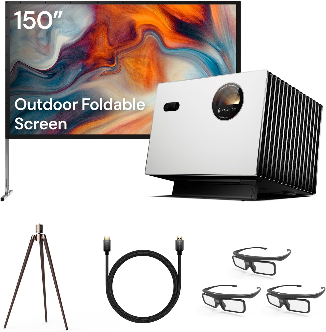 Valerion StreamMaster Plus2 4K Laser Projector with 150-Inch Projector Screen,Walnut Tripod Stand, HDMI Cable & 3D Glasses
