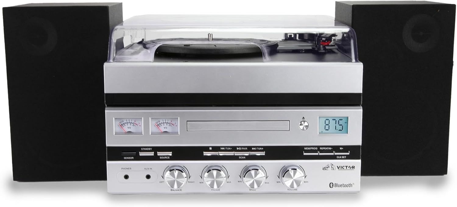 VICTOR Geneva 5-in-1 Music Center with Bluetooth, Remote, and Detached Speakers, Silver (VDTS-5400-SL)