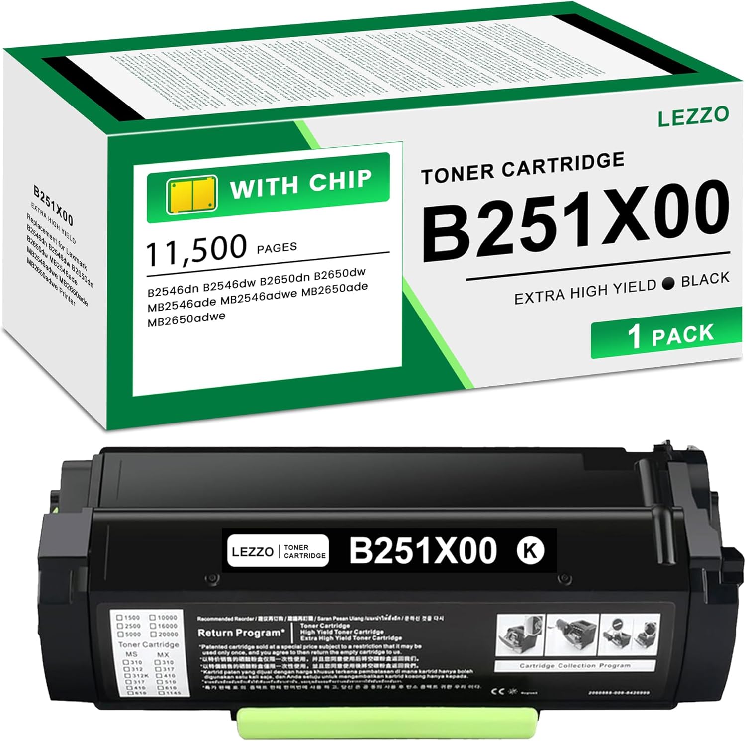 Lezzo B251X00 Extra High Yield Toner Cartridge 1-Pack (with New chip) Remanufactured B251X00 Black Toner Replacement for Lexmark B251X00 Toner for B2546 B2650 MB2546 MB2650 Printer