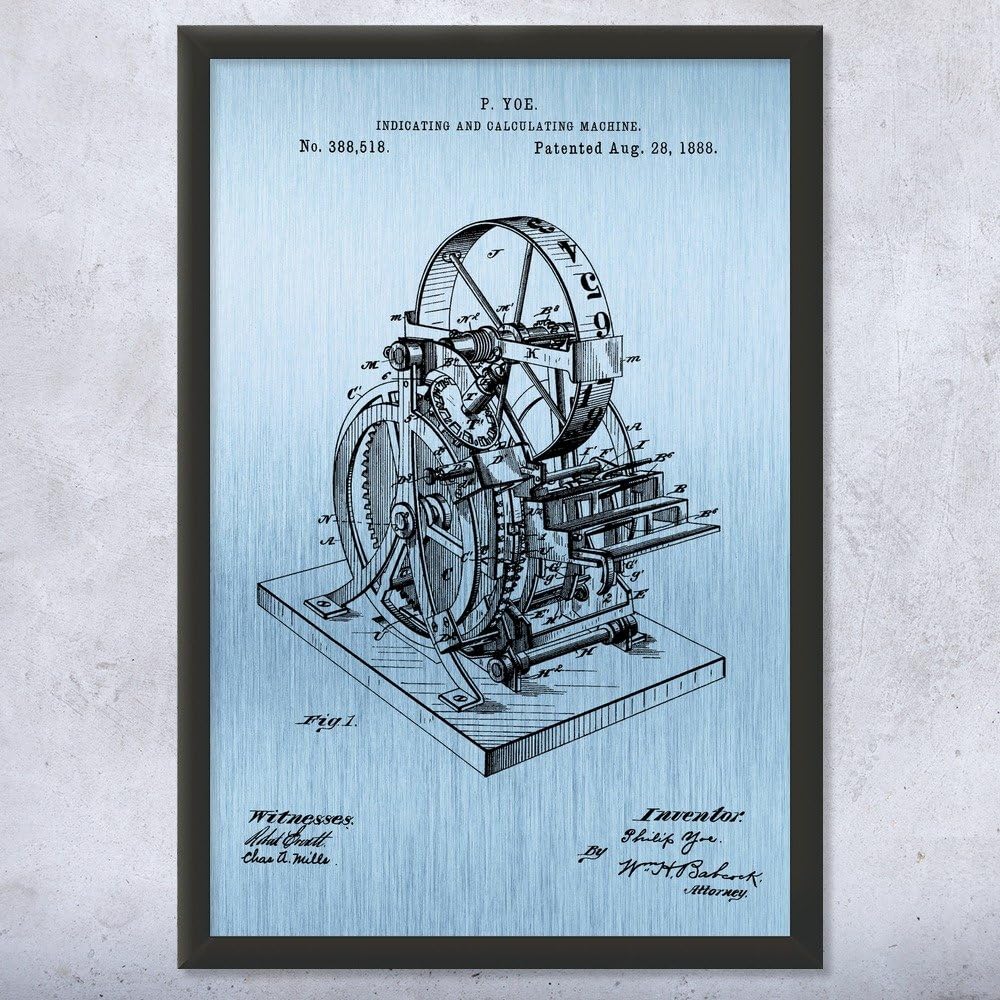 Framed Calculating Machine Print, Accountant Gift, Calculator Wall Art, Math Teacher Gift, Calculator Blueprint Blue Steel (18x24)