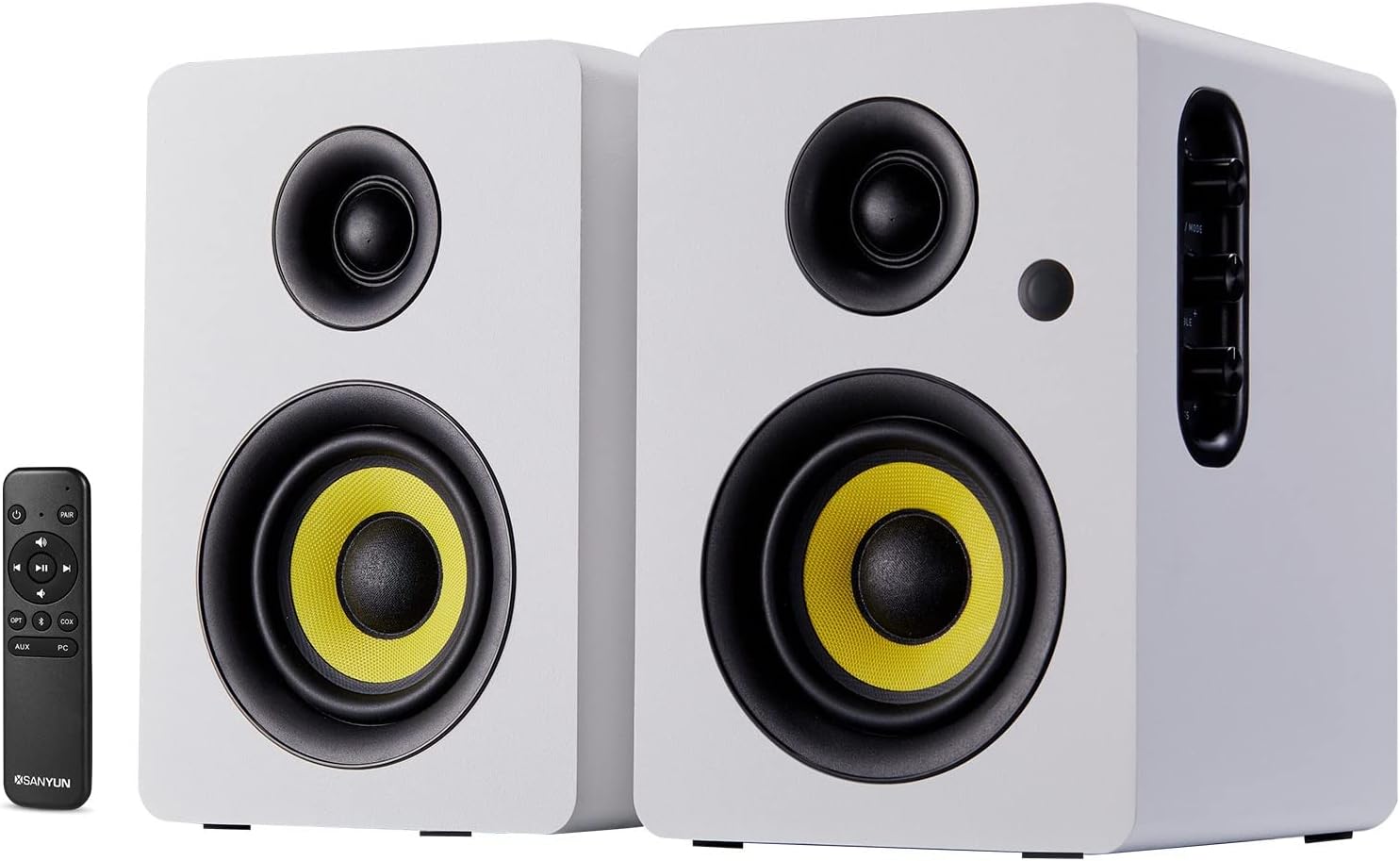 Sanyun SW206 4” HiFi Bookshelf Speakers with Studio Mode, 80W Active, Bluetooth 5.4/Optical/Coaxial/TRS/Aux/24bit DAC USB, for Turntable TV PC Desktop, MDF Cabinet, Remote Control, White