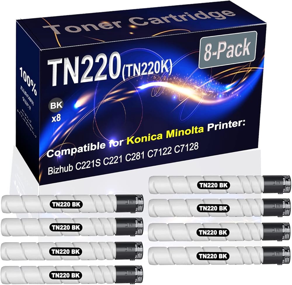 8-Pack (Black) Compatible High Yield TN220 TN-220 TN220K Printer Cartridge use for Konica Minolta Bizhub C221S C221 C281 C7122 C7128 Printer