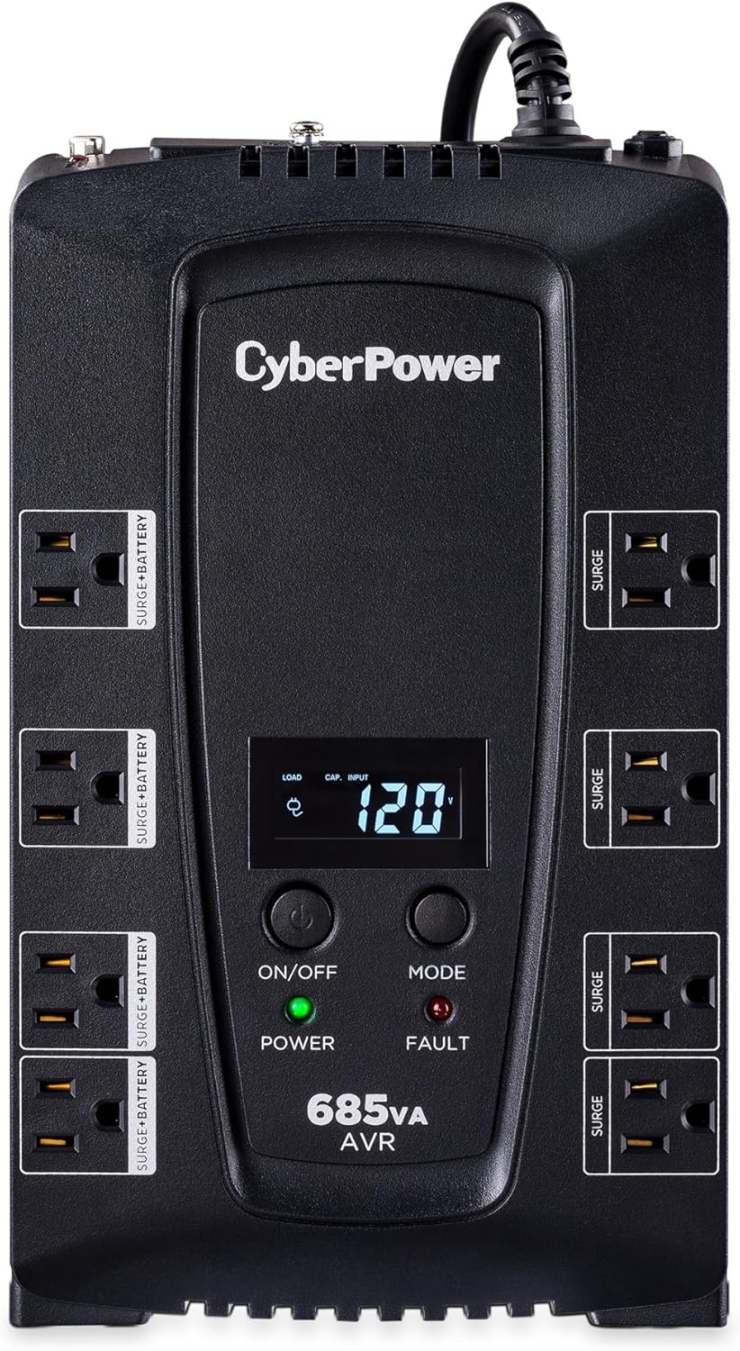 CyberPower CP685AVRLCD Intelligent LCD UPS Battery Backup and Surge Protector, 685VA/390W, 8 Outlets, AVR, Compact, UL Certified