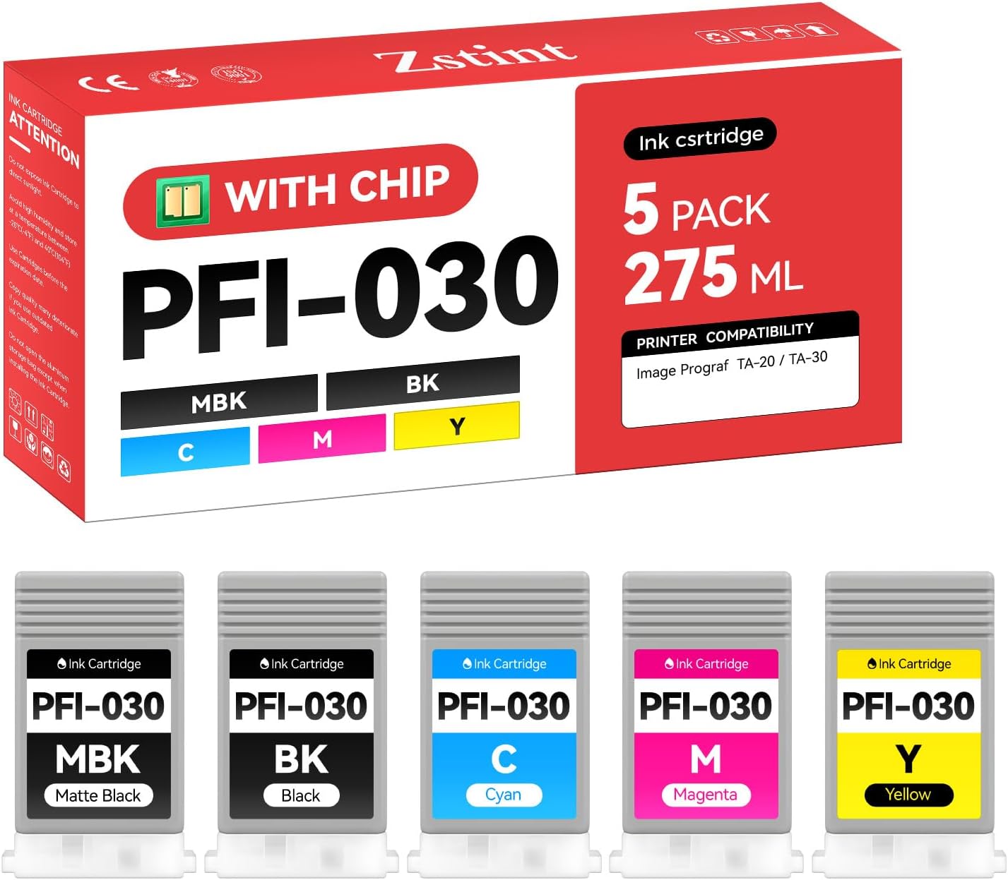 PFI-030 Pigment Ink Tank Kit 5-Pack 55ml High Capacity Replacement for Canon PFI-030 PFI030 Ink Cartridges Compatible for Canon imagePROGRAF TA-20 TA-30 TM-240 TM-340 Printer Black Cyan Yellow Magenta