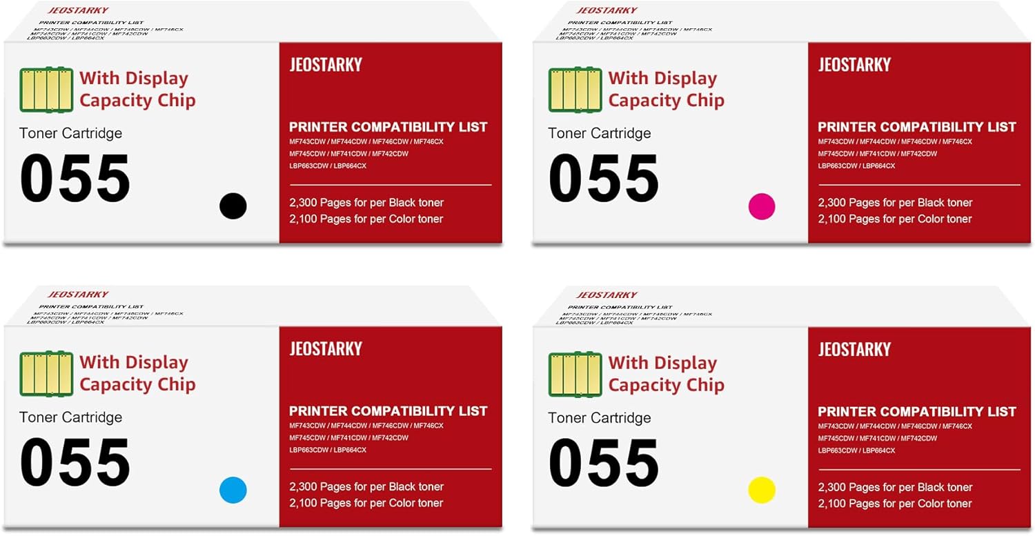 Jeostarky Remanufactured for Canon 055 055H with Display Capacity Chip Replacement for Canon 055 Toner Cartridge Set for Canon Color ImageClass MF743Cdw MF741Cdw MF745Cdw MF746Cdw Printer (4 Pcak)
