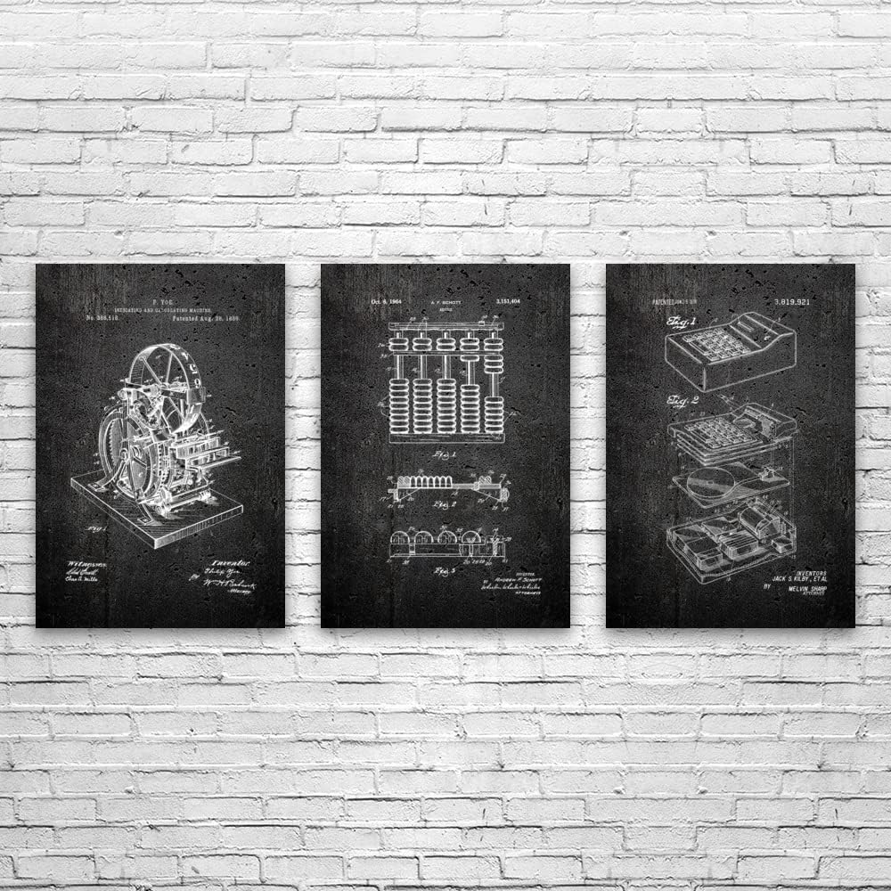 Patent Earth Calculator Posters Set of 3 (20x24), Accountant Gift, Calculator Wall Art, Math Teacher Gift, Calculator Blueprint Dark Concrete