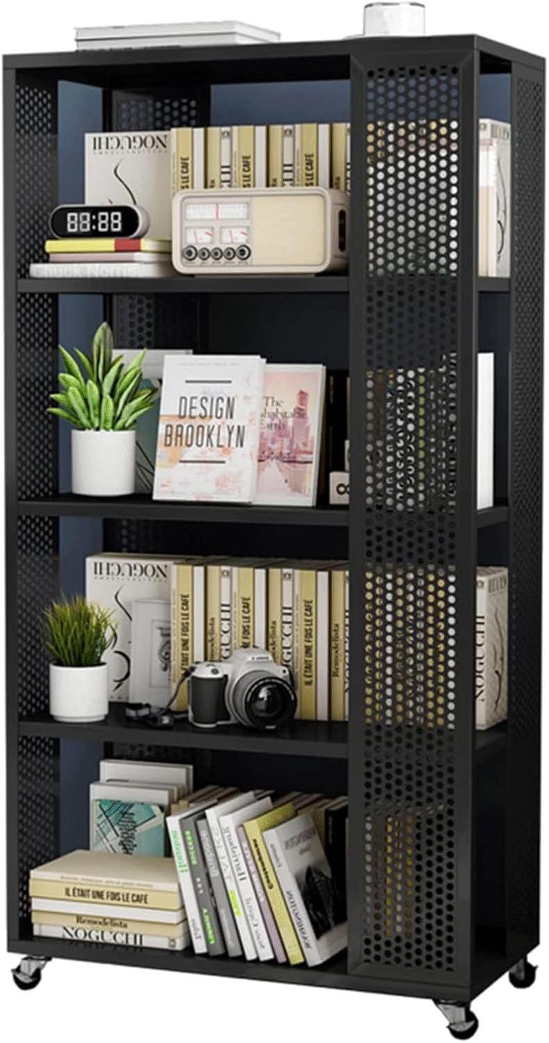 Flexible Bookcases 360°Rotating Bookshelf with Wheels Standing Bookcase Simple Metal Book Rack for Living Room and Bedroom Corner Shelf Perfect Furniture