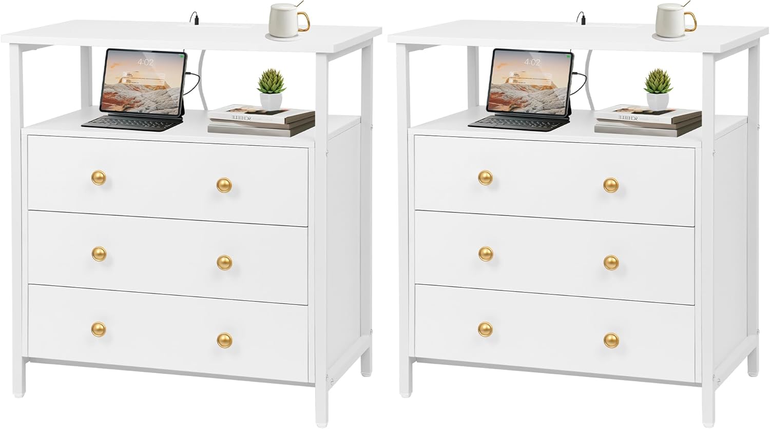 Edbuosy 3 Wooden Drawers Nightstand, 27 Inch Wide Night Stand Set 2 with Charging Station and Adjustable Drawers, Small Dresser for Closet, Bedside Table for Living Room/Bedroom/Office, White.