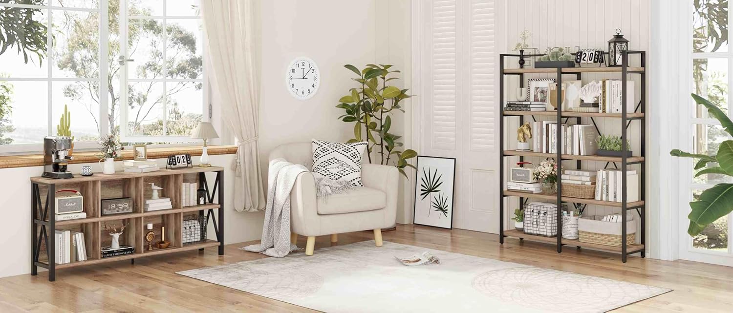 FATORRI Industrial Tall Bookshelf and Horizontal Bookcase for Home Office (Rustic Oak)