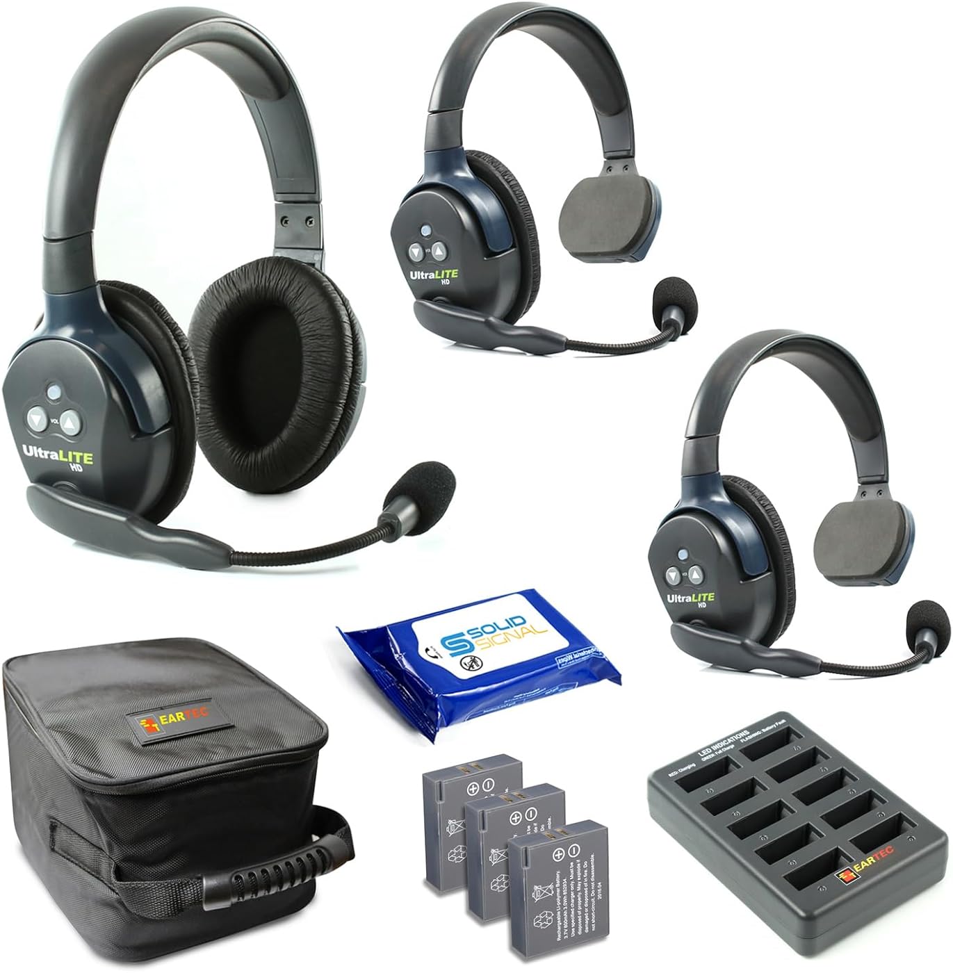 Eartec UL321 Ultralite Full Duplex Wireless Headset Communication for 3 Users - 2 Single Ear and 1 Dual Ear Headsets with SolidSignal Cleaning Wipes Bundle
