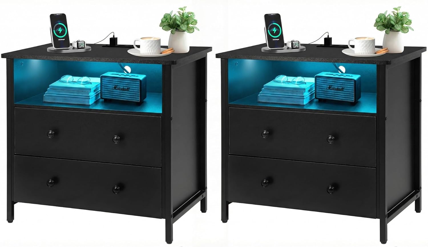 Tykacna 27 Inch Wide Night Stand, Large Wood Night Stand Set 2 with 2 Drawers, LED Nightstand with Charging Station and Adjustable Drawer, Bedside Table for Living Room/Bedroom/Study/Office, Black.