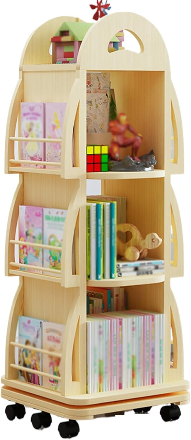 GAMAK Rotating Bookshelf 4 Tier Wood, Revolving Bookcase with Wheels for Small Space and Wood Book Shelf Organizer Stand, Storage Book Display Case Bookrack (Size : 4 Tier)