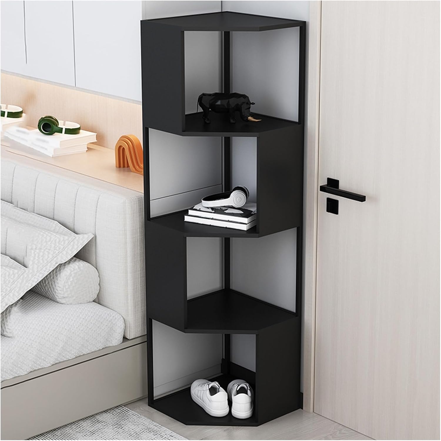 YHKJLYH 3-4 Tiers Corner Bookshelf,L-Shaped Shelf Display Rack,Freestanding Corner Bookcase with Baffles for Small Space Living Room Office Study Room(Black,4-Tier)