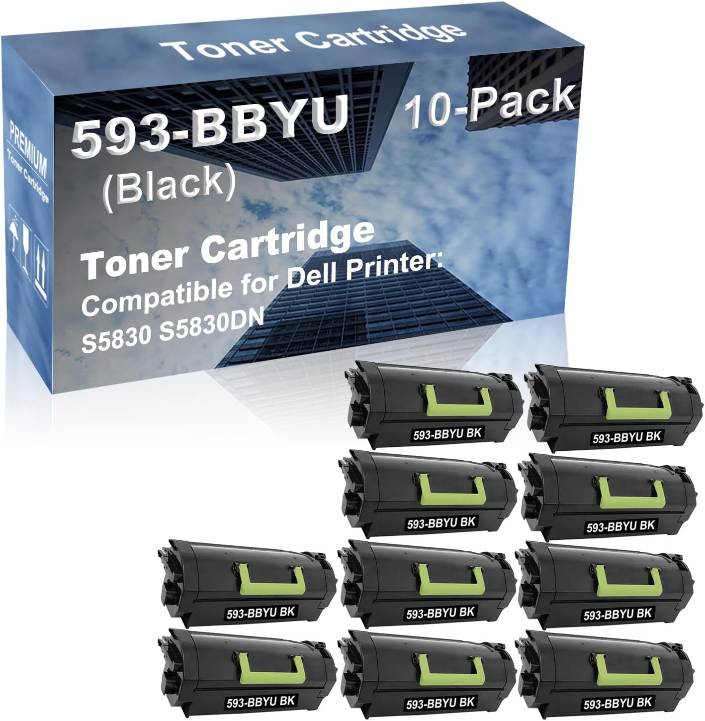 10-Pack Compatible High Capacity 593-BBYU Toner Cartridge use for Dell S5830 S5830DN Printer (Black)