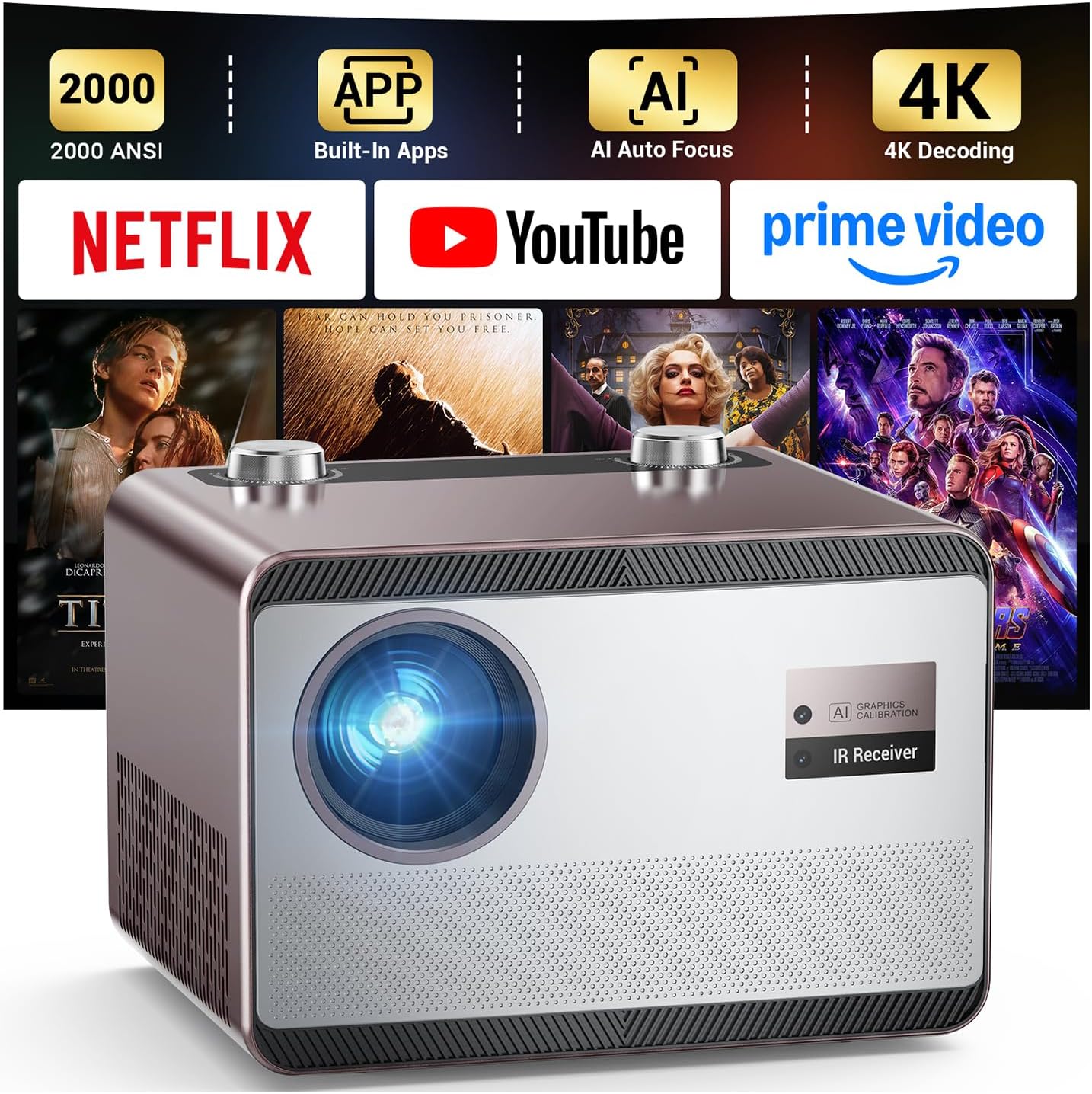 Projector 4K with WiFi and Bluetooth [2000 ANSI/AI Auto Focus/Official Licensed Apps], Outdoor Movie Projector with Smart TV OS 2.0 & Dolby, HAPPRUN Home Theater Projector for Indoor/Outdoor Use