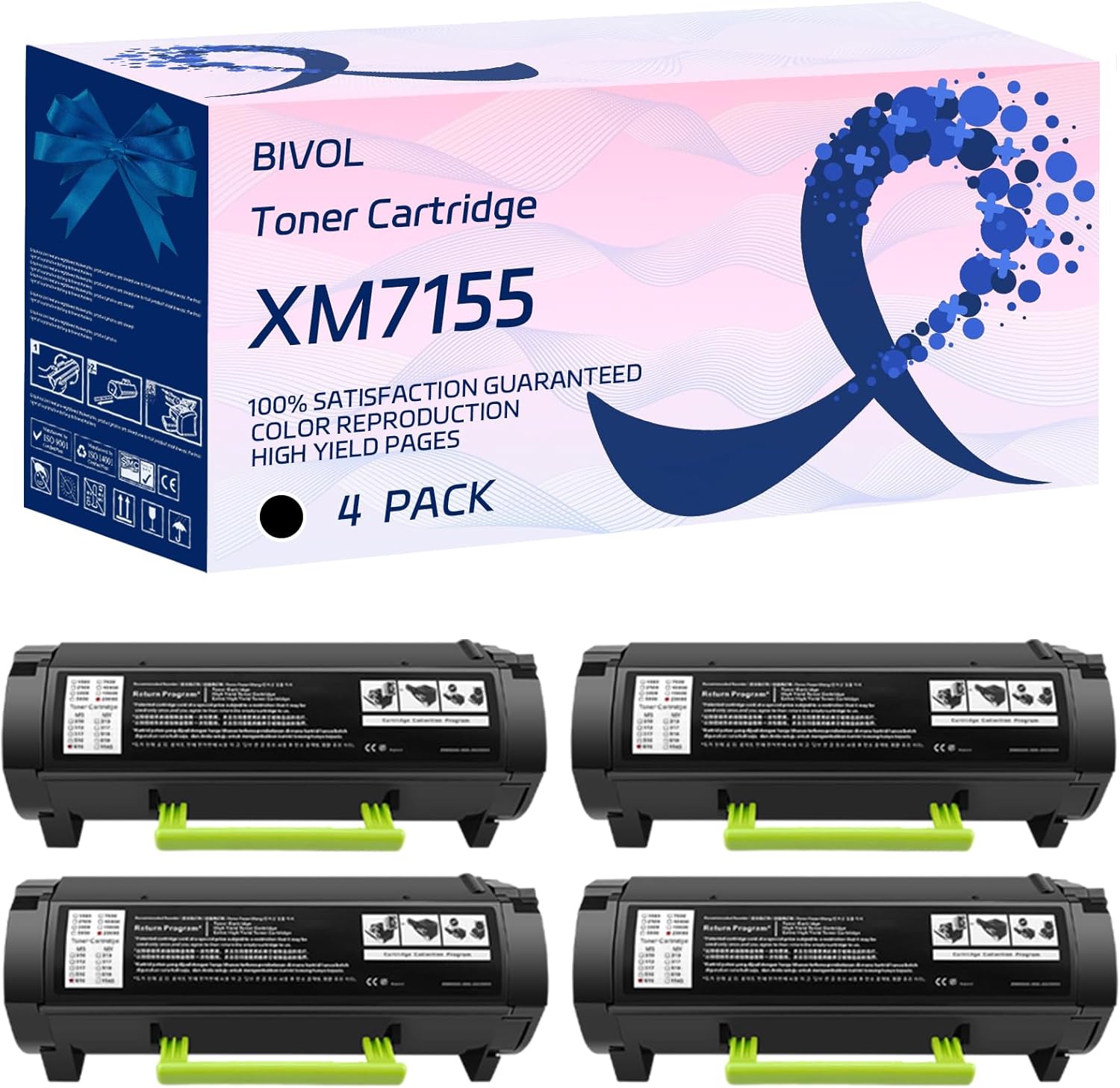 BIVOL XM7155 Toner Cartridge Compatible for Lexmark XM7155 XM7155X XM7163 XM7163X XM7170 XM7170X Printers, with Chip, High Yield 35000 Pages, Vivid Colors (4 Pack Black)