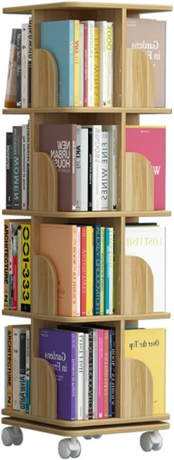 Children's Bookshelf, with a Foot Wheel of 360° Solid Wood Rotating Bookshelf, Children's Picture Book Book Simple Bookcase, Book Storage Shelf (Brown 4 Layers(138cm))