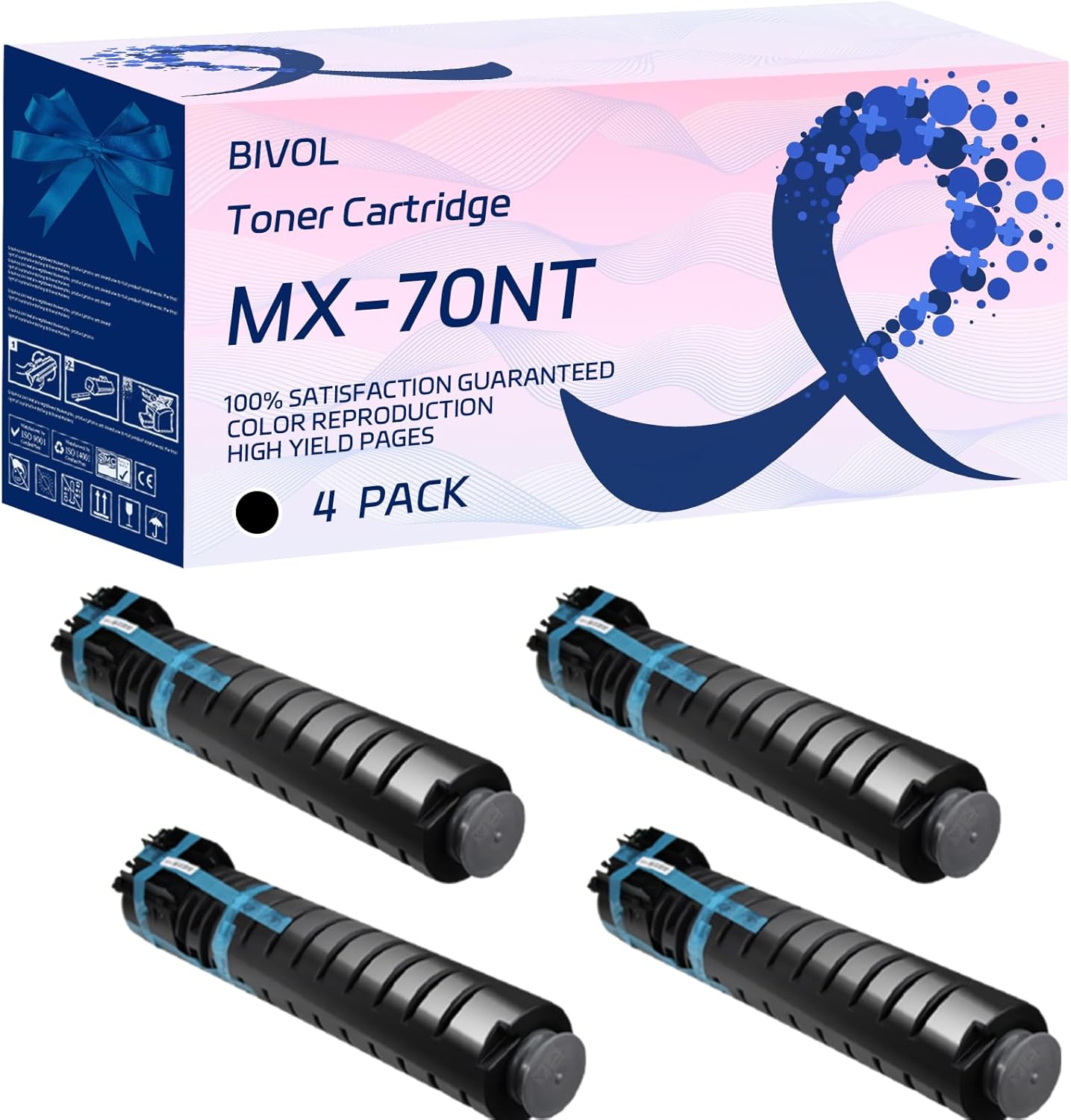 BIVOL MX-70NT Toner Cartridge Compatible for Sharp MX-5500N MX-6200N MX-7000N Printers, with Chip, High Yield 42000 Pages, Vivid Colors (4 Pack Black)