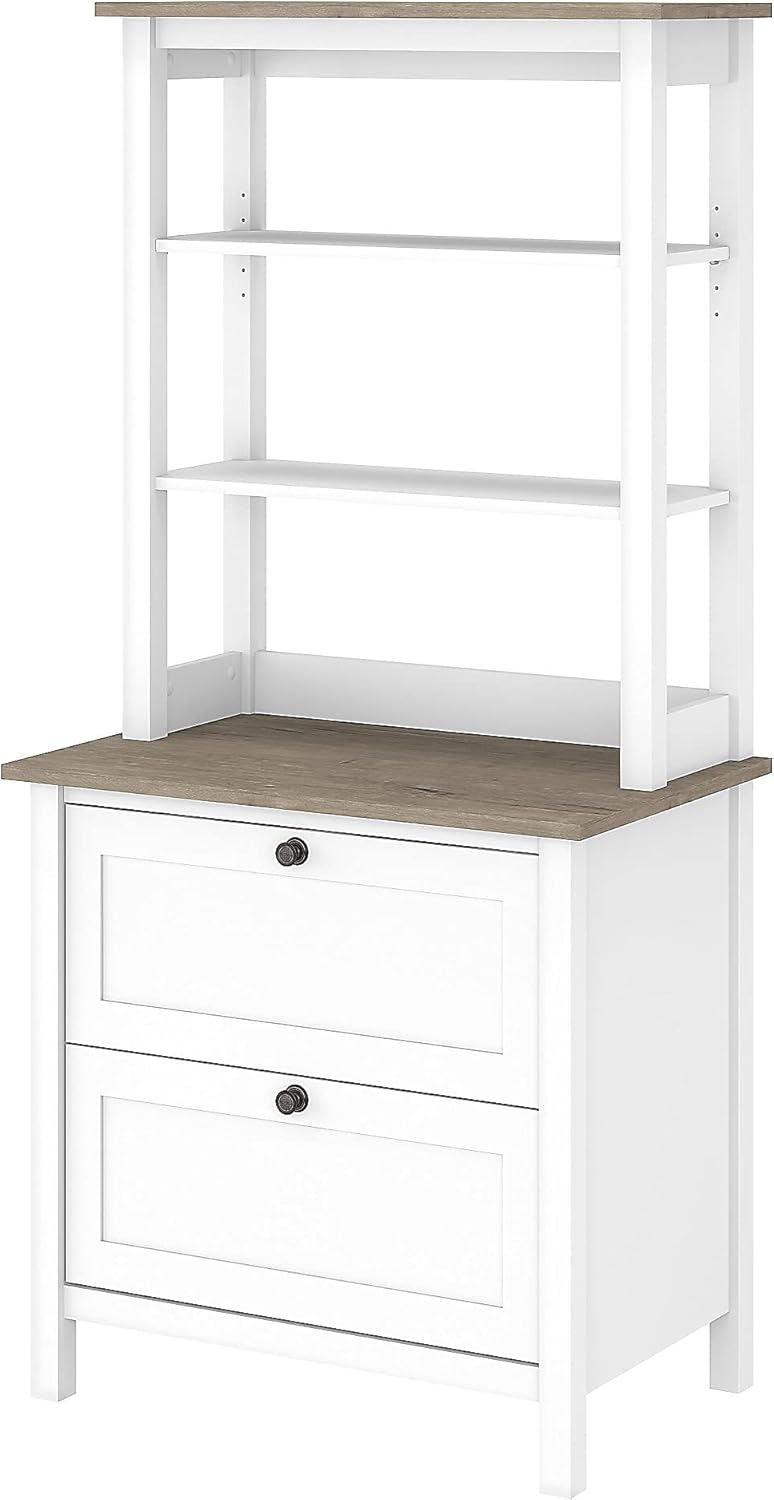Bush Furniture Mayfield Bookcase with Drawers in Pure White and Shiplap Gray