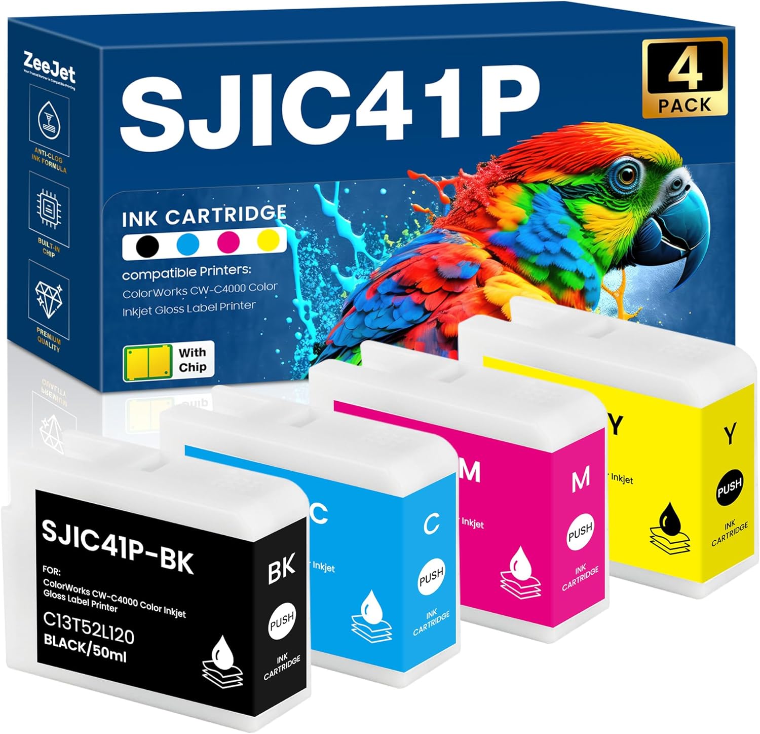 SJIC41P Ink Cartridges 4-Color Set Remanufacture SJIC41P-BK SJIC41P-C SJIC41P-M SJIC41P-Y Ink Cartridge Compatible for ColorWorks CW-C4000 Color Inkjet Gloss Label Printer