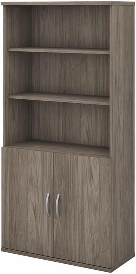 Pemberly Row Engineered Wood Tall 5 Shelf Bookcase with Doors in Modern Hickory