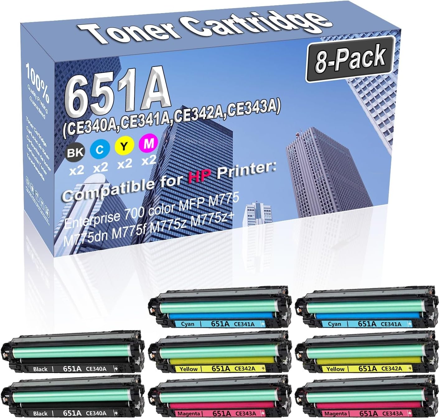 8-Pack (2BK/2C/2Y/2M) Compatible High Capacity 651A (CE340A CE341A CE342A CE343A) Toner Cartridge Used for HP Enterprise 700 Color MFP M775 M775dn M775f M775z M775z+ Printer