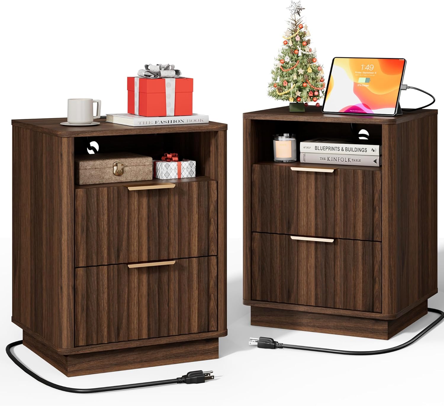 FavourLife Fluted Nightstand, Night Stand Set 2, Walnut Nightstands Set of 2 with Charging Station, 2 Drawer Wood End Table w/Storage, Modern Bedside Table for Bedroom Sofa Home Office, Curved Corners