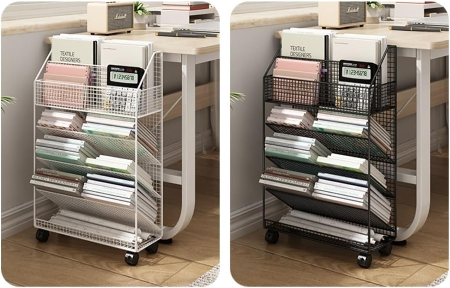 cfycfy987 Multifunctional Desk Bookshelf, Document Book Storage Shelf, Floor Simple Bookcase, Wheeled Cart File Cabinets(Black)